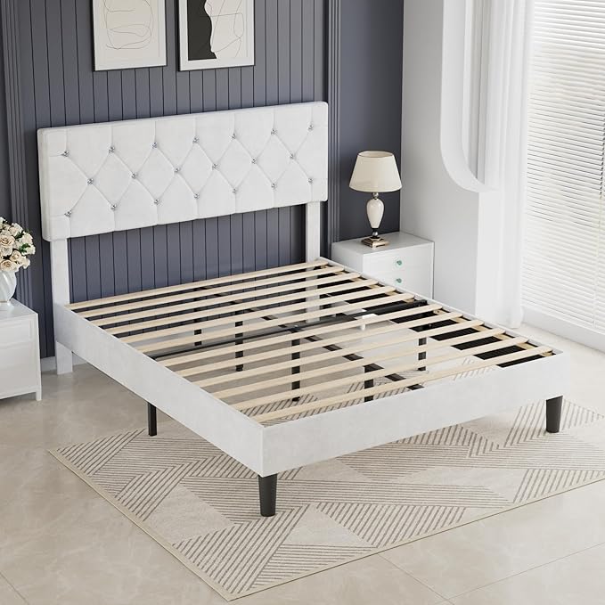 VECELO Full Size Bed Frame with Diamond Tufted Headboard, Upholstered Platform Bedframe with Wood Slat Support, No Box Spring Needed, Velvet & White