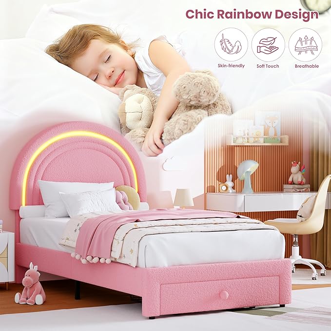 GarveeHome Twin Upholstered LED Bed Frame - with Storage Drawer and Rainbow Headboard, Berber Fleece Princess Platform Bed for Kids, Solid Wood Slats Support, No Box Spring Needed, Easy Assembly, Pink