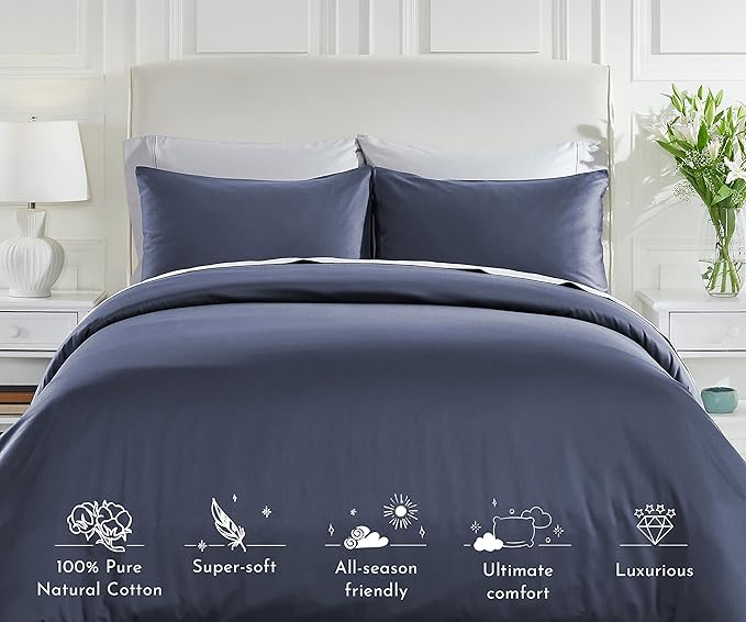 Oversized King Duvet Cover Cotton Only - 400 Thread Count, 100% Cotton Sateen, Soft and Durable Bedding Duvet Cover, Button Closures, Corner Ties - Indigo Dusty Blue
