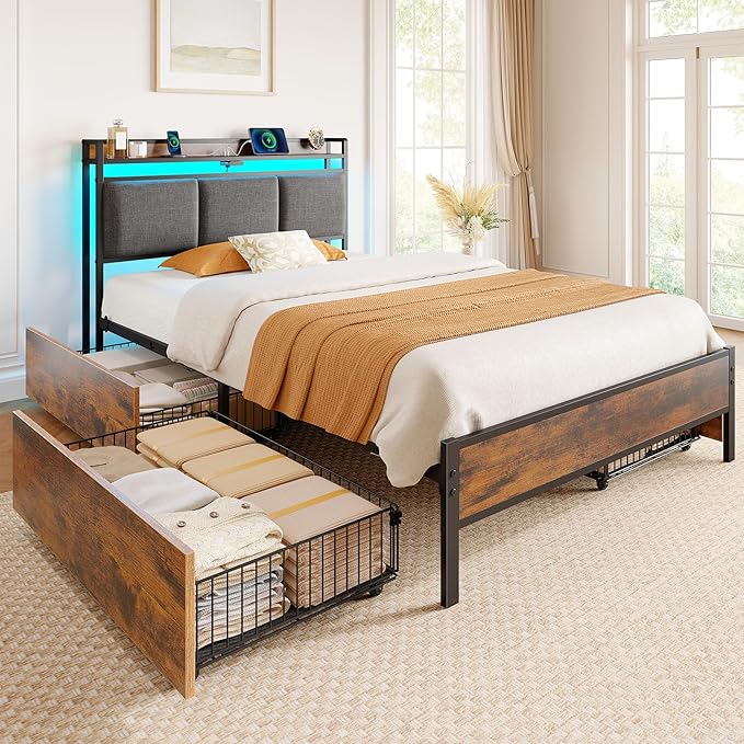 Rolanstar Bed Frame Twin Size with Charging Station and LED Lights, Upholstered Storage Headboard with Drawers, Heavy Duty Metal Slats, No Box Spring Needed, Easy Assembly, Rustic Brown