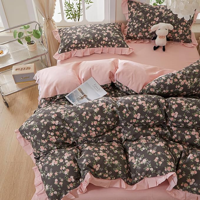 mixinni Vintage Floral Duvet Cover Set Twin Size – 100% Cotton Ruffle Lace Bedding, Pink Rose Flower and Green Leaf Print, Reversible Stripes Pattern, Grandmillennial Cottagecore Aesthetic 3Pcs