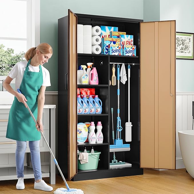 SISESOL Wide & Deep Metal Storage Cabinet with Hanging Rod,Broom Closet Storage Cabinet with Lock,72" Tall Wardrobe Cabinets with Doors and Shelves,Locking Steel Tool Cabinets for Home,Office,Garage