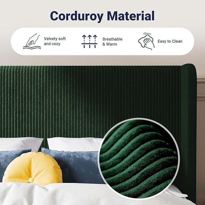 Allewie Full Size Bed Frame with Upholstered Wingback Headboard, Vertical Channel Tufted Corduroy Velvet Platform Bed, Strong Wooden Slats Support, No Box Spring Needed, Easy Assembly, Dark Green