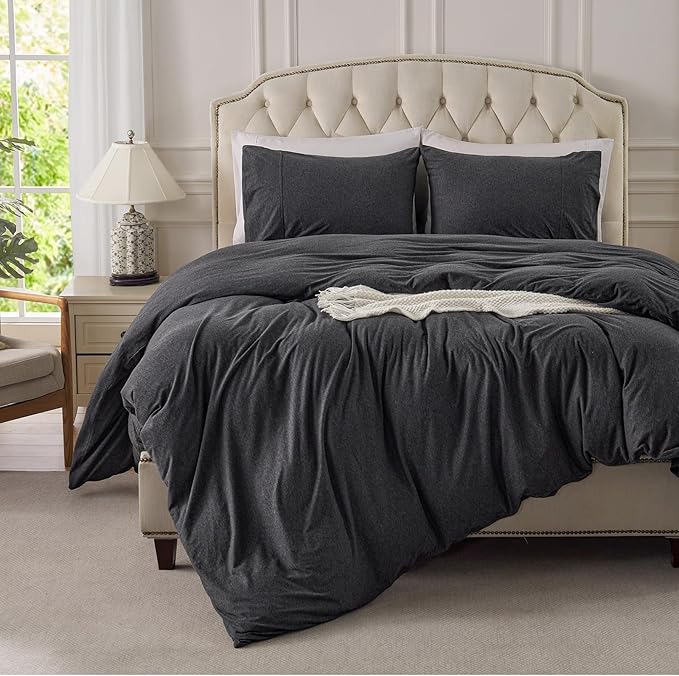 PURE ERA Jersey Knit Duvet Cover Set 100% T-Shirt Cotton Super Soft Comfy 3pc Bedding Set with Zipper Closure (Heather Charcoal Grey, Oversized King)
