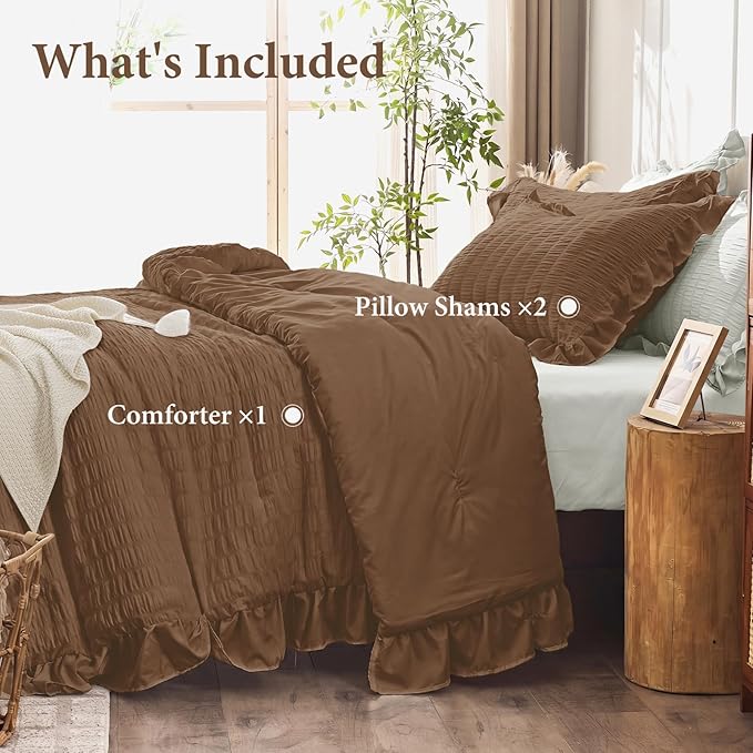 JOLLYVOGUE Full Size Comforter, 3 Pieces Oak Brown Seersucker Lightweight Full Size Bedding, All Season Fluffy Microfiber Bedding Comforter Set with 1 Ruffle Comforter and 2 Ruffle Pillowshams