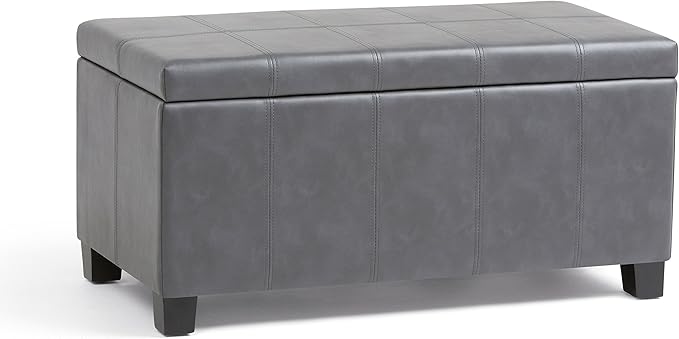 SIMPLIHOME Dover Storage Ottoman Bench - 36 inch Wide Upholstered Vegan Leather Rectangular Lift-Top Ottoman in Stone Grey, Contemporary Bench for Living Room with Safety Hinges