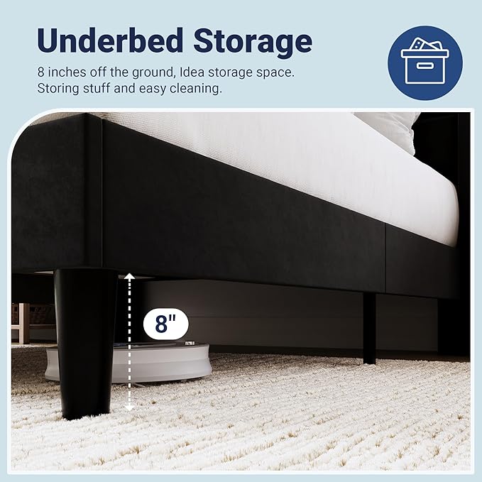 Allewie Queen Size Platform Bed Frame with Charging Station & Storage Headboard, Upholstered Velvet Wingback Design & USB Port, Strong Wooden Slats Support, No Box Spring Needed, Easy Assembly, Black
