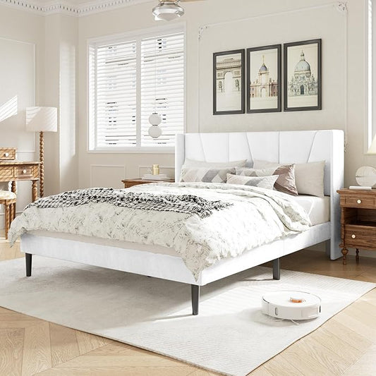 HAOARA Full Bed Frame with Headboard, Velvet Upholstered Platform Bed Frames with Wingboard, Contemporary Mattress Foundation, Noise Free, No Box Spring Needed, Easy Assembly, White