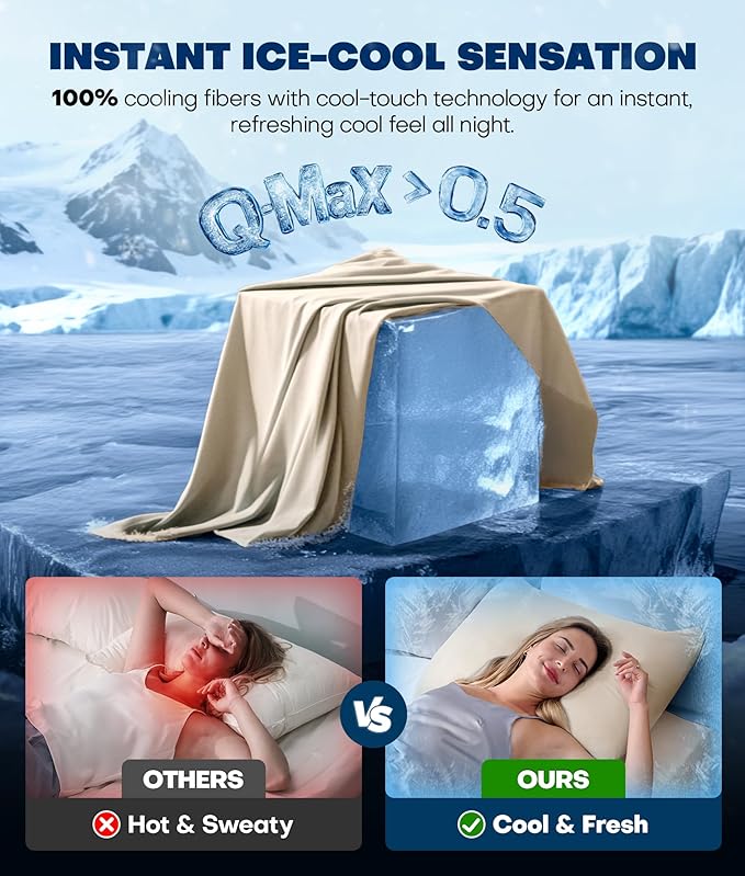 Ultra-Chill Cooling Pillowcase Set of 2 for Hot Sleepers, Softer Than Silk Pillow Cases for Protecting Hair & Skin, Breathable Bed Pillow Covers w/Zipper, Gifts for Women Men(Beige, Queen)