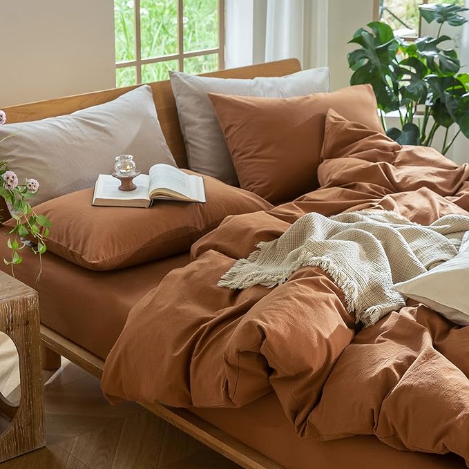 MooMee Bedding Duvet Cover Set 100% Washed Cotton Linen Like Textured Breathable Durable Soft Comfy (Solid Dark Orange, Oversized Queen 98"x98")