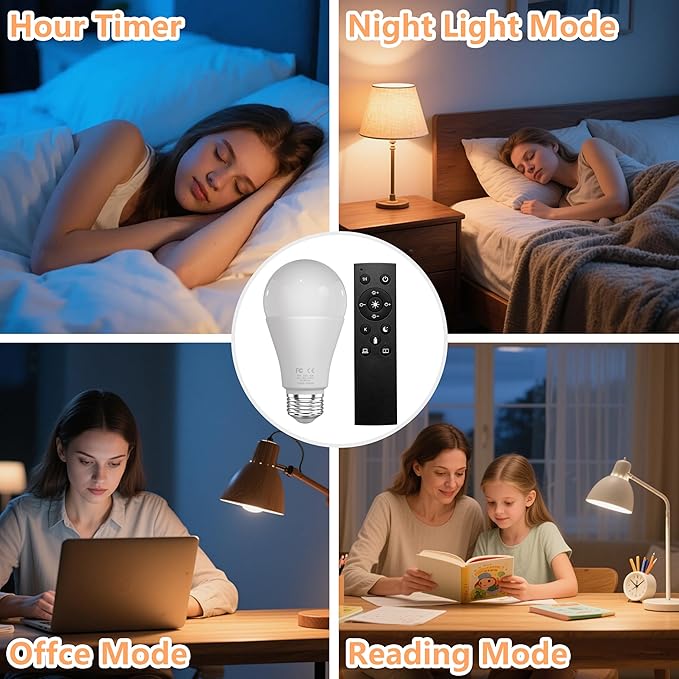 Amber Sleep Light Bulbs with Remote Control, 800LM 9W (60W Equivalent),Circadian Rhythm Light Bulb,Dim,1800K-6500K,E26,2.4G,Warm and Reading Light Bulb for Home Decor,2Bulb&1Remote