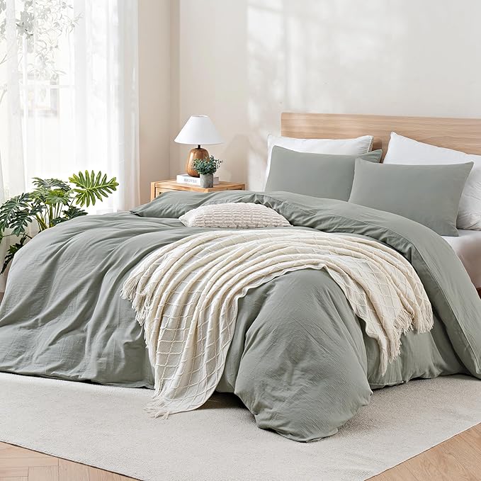 TOCOMOA Muslin Duvet Cover 100% Cotton Like Linen Texture Breathable Soft Comfy 3-Piece Sage Green Comforter Cover Bedding Set (King 104"x90", Comforter Not Included)