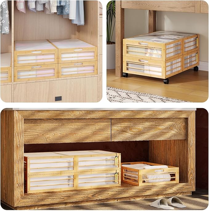 Bamboo Underbed Storage Containers with Wheels & Bag 2 Pack, Large Under Bed Rolling Storage Bins Wood Under Bed Clothes Storage Stackable Drawers for Bedroom Closet Under Crib Toy(Natural)