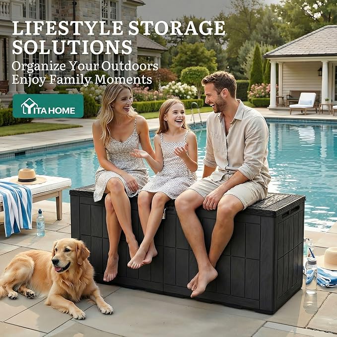YITAHOME 134 Gallon Large Deck Box, Waterproof Resin Outdoor Storage Box with Lock, Doubles as 2-Person Bench Seating for Patio Furniture Cushions,Garden Tools & Pool Accessories, Black
