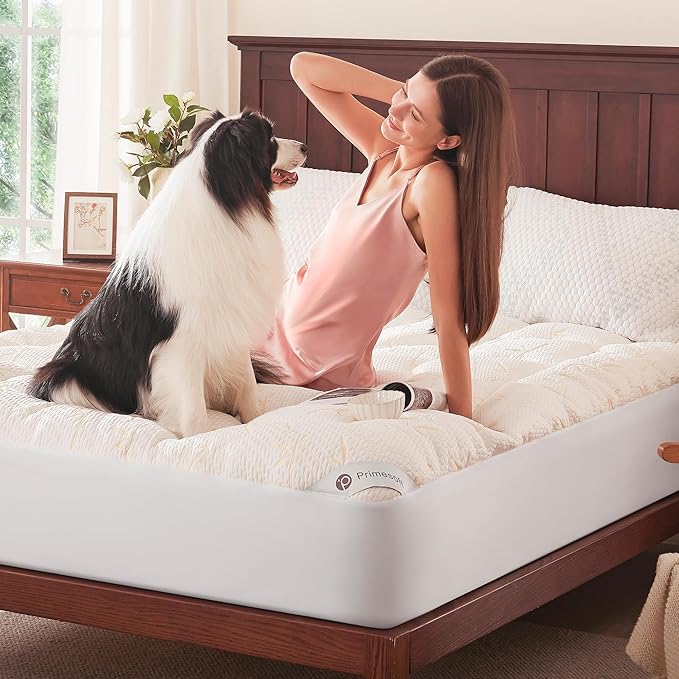 PRIMESOFT 100% Waterproof King Size Mattress Topper, Thick Pillow Top Mattress Pad，Up to 21 Inch Deep Pocket,Soft Breathable Mattress Pad for Back Pain, Protector Cover(Beige)