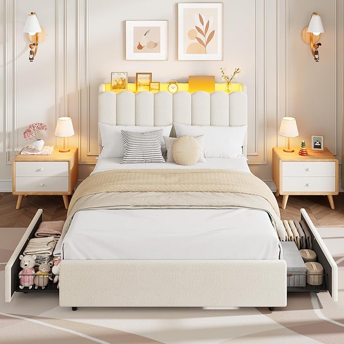 Garvee LED Full Size Bed Frame with Storage Headboard, Kids Bed Frame with 2 Drawers, Boucle Upholstered Platform Bed for Girls, Chic Wavy Headboard with Bookcase, No Box Spring Needed, White