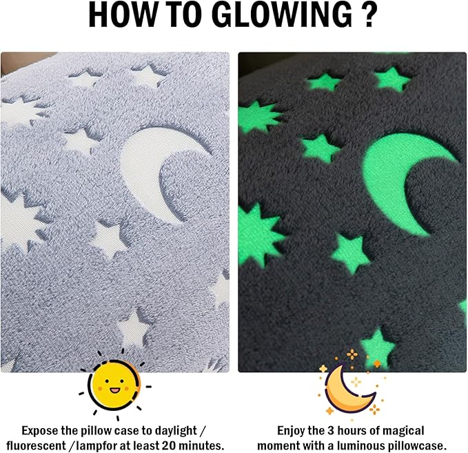 HOMBYS Glow in The Dark Body Pillow Cover, Soft Velvet Fluffy Bed Pillow Case, Fuzzy Long Pillowcase for Kids Boys Childern, Plush Decorative Throw Pillow Cover, 21x54 Inches, White Grey