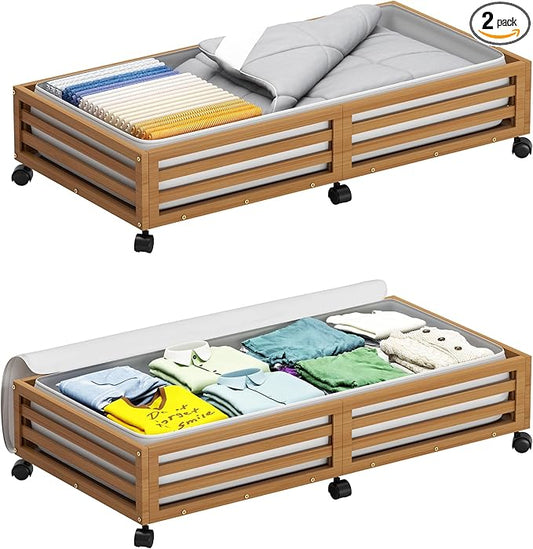 Wisuce Bamboo Under Bed Storage Containers- Underbed Organizer with Wheels with Dust Bag,Sturdy Wood Rolling Under the Bed Shoe Storage Organizer Drawers (Brwon, 2 Pack (33.07"×16.54"))