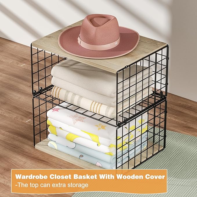 2 Pack Extra-Long, Low-Profile Closet Organizers and Storage with Wood Top, 4 Tier Stackable Closet Shelf Organizer, Space-Saving Clothes Storage Bin for Wardrobe & Small Spaces, Sturdy (Black)