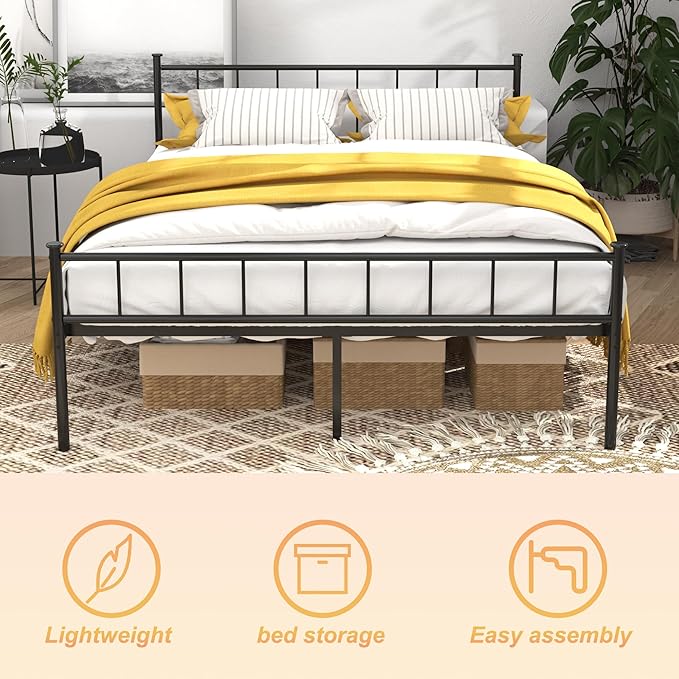 Queen Metal Platform Bed Frame, Victorian Vintage Style, Wrought Iron Headboard, Steel Slats, No Box Spring Needed (Black, Queen)