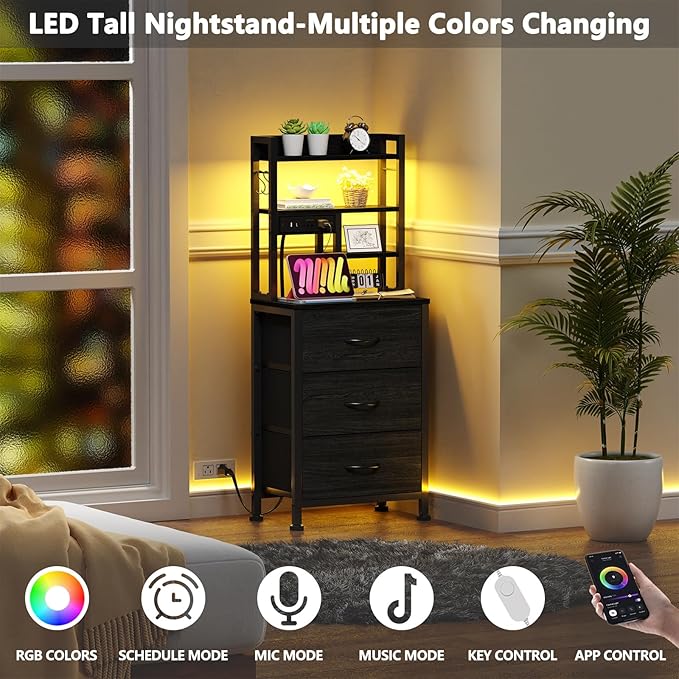 Furnulem Tall Night Stand with 3 Fabric Drawers and LED Lights, Nightstand with Bookshelf, 45.3inch Tall Bedside Tables with USB Ports in Bedroom, Dorm, Office,Metal Frame, Wood Shelves (Black Oak)