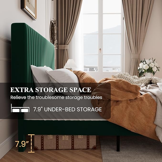 SHA CERLIN Full Upholstered Platform Bed Frame with Vertical Channel Tufted Velvet Fabric Adjustable Headboard, Wooden Slats Support, Mattress Foundation, Box Spring Optional, Green