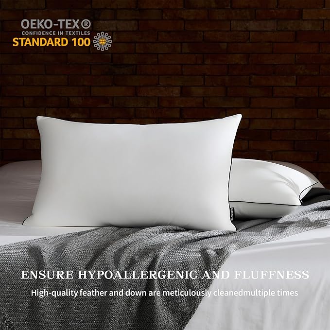 Feather Down Pillow Queen Size Set of 2, 100% Cotton Luxury Hotel Collection Bed Pillows for Sleeping, Down Surrounded Fluffy Soft Medium Firm Pillows for Side Back Stomach Sleepers 20" x 30"
