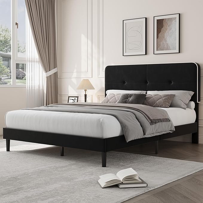 Garvee Queen Bed Frame, Velvet Upholstered Platform Bed Frames with Adjustable Headboard, No Box Spring Needed, Anti-Noise EVA Sponge, Sturdy Metal Support, Easy Assembly, Black & White Trim