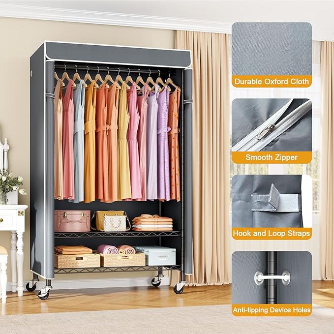 ULIFHOME P6C Rolling Clothes Rack with Cover, Covered Clothing Racks Heavy Duty, Portable Closet for Hanging Clothes, Garment Racks on Wheels, Black Closet Rack with Gray Cover, Max Load 365LBS
