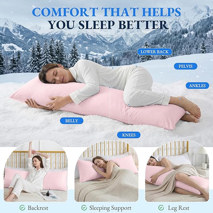 ELNIDO QUEEN Cooling Body Pillow Insert with Cover – Breathable Long Body Pillow for Side Sleepers, Soft Support Bed Pillow for Adults, 20x54 Inches Pink