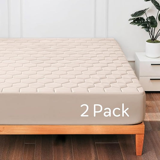 Hearth & Harbor 2 Pack Queen Size Quilted Fitted Mattress Pad Cover, 100% Waterproof Mattress Protectors, Deep Pocket Fitted Mattress Cover 8" - 21" (60" x 80", Beige Cream)