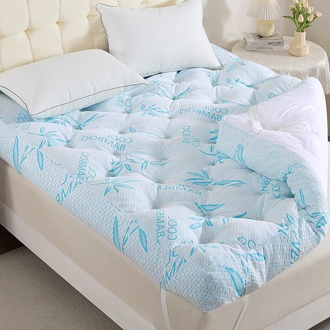 SHOUREN Memory Foam Mattress Topper Twin 4-5 Inch, 2100 GSM Pillow Top, Blue Bamboo-Viscose Cover, Plush Gel Memory Foam & 3D Fiber Fill, Elastic Straps, Machine Washable, 75x39