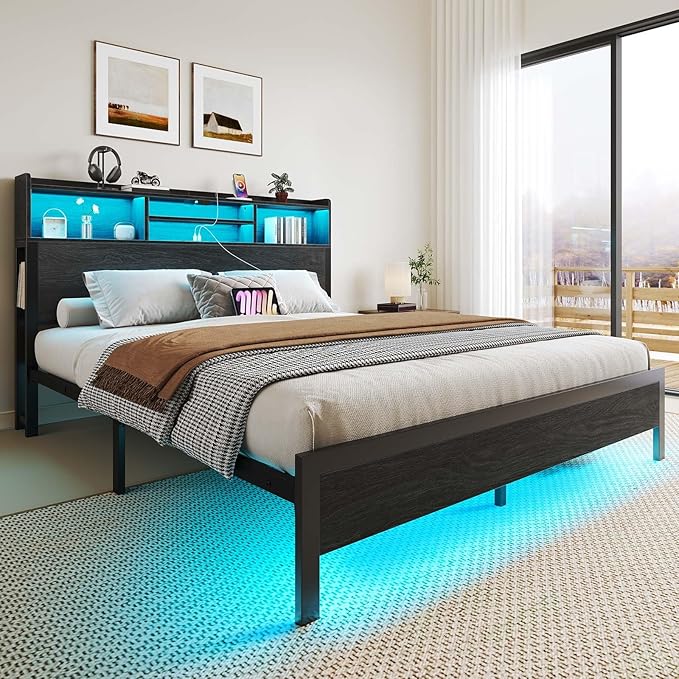 Rolanstar Queen Bed Frame with Storage Headboard & Side Shelf, Metal Platform Bed with Charging Station, LED Bed Frame, Easy Assembly, Noise-Free, Black
