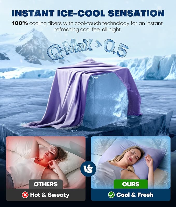 Ultra-Chill Cooling Pillowcase Set of 2 for Hot Sleepers, Softer Than Silk Pillow Cases for Protecting Hair & Skin, Breathable Bed Pillow Covers w/Zipper, Gifts for Women Men(Purple, Standard)