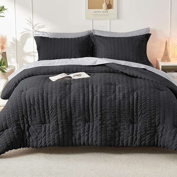 HYMOKEGE Black/Light Grey Queen Comforter Set Seersucker 7 Pieces, All Season Luxury Bed in a Bag Queen for Bedroom, Bedding Set with Comforter, Sheets, Pillowcases & Shams