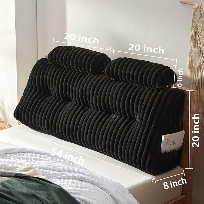 Rycwola Faux Fur Headboard Pillow with 2 Pack Neck Roll Pillow Large Headboard Pillow Soft and Supportive with Removable Cover (Black, Full)