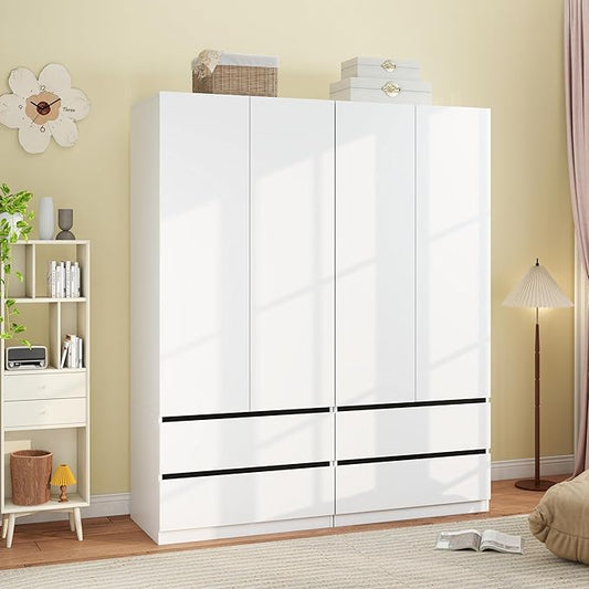 Armoire Wardrobe Closet with Drawers：75" Large White Wardrobe Closet Cabinet with 4 Doors for Hanging Clothes, Modern Wooden Bedroom Armoires with 4 Drawers and Storage (A+A, 63")