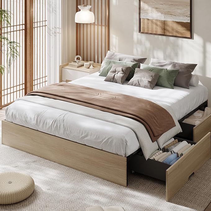 GarveeHome Queen Size Wood Platform Bed Frame with 2 Storage Drawers, Wooden Bed Frame Without Headboard, Wood Slat Support, No Box Spring Needed, Easy Assembly