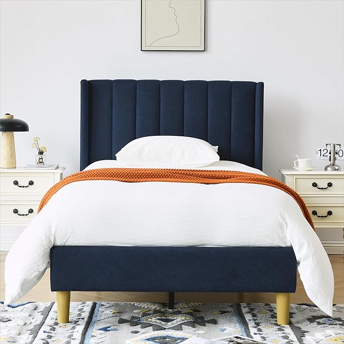 YUHUASHI upholstered Platform Bed Frame/Twin Bed Frame/Modern Geometric Double-Wing Design headboard/Linen Fabric/Easy to Assemble no Noise (Navy Blue, Twin)