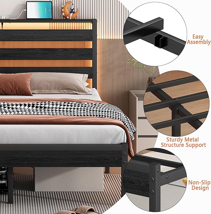 CLIBFENG 14 Inch Classic Metal Platform Bed Frame-Full Size Bed Frame with Headboard,Steel Slats Support-LED Bed Frame with USB Charging Station,Under Bed Storage,No Box Spring Needed,Noise Free