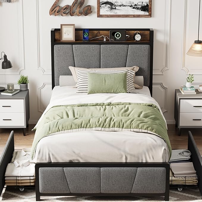 Twin-XL Size Bed Frame with 2 Storage Drawers and Charging Station, Rustic Linen Upholstered Platform Bedframe with Storage Headboard, Heavy Duty, No Box Spring Needed, Easy Assembly, Noise Free