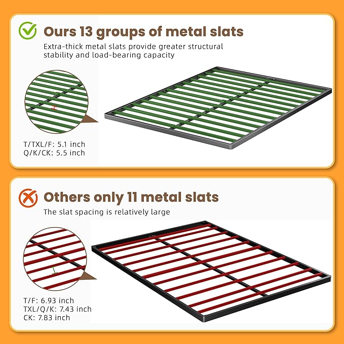VIPSHOW 2 Inch California King Metal Box Spring with Round Corners - 3000 lbs Capacity, Low Profile Bed Slat Replacement Bunkie Board with Steel Slats, Noise-Free, Easy Assemble, Black