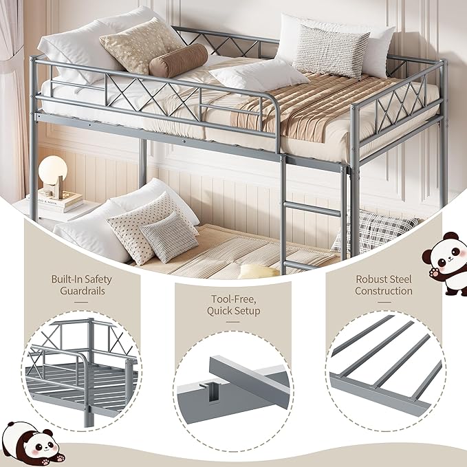 Garvee Bunk Bed Twin Over Twin with Extra High Guardrail, Heavy Duty Metal Frame & Sturdy Slats, No Box Spring Needed, Space Saver, Gray
