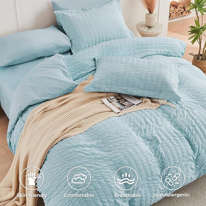 HYMOKEGE Lake Blue King Size Comforter Set Seersucker 7 Pieces, All Season Luxury Bed in a Bag for Bedroom, Bedding Set with Comforters, Sheets, Pillowcases & Shams