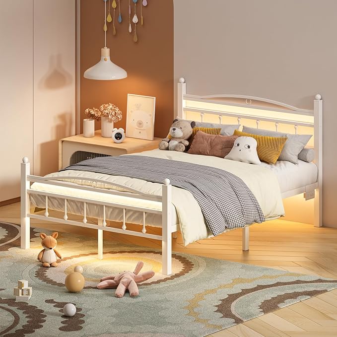 Jenmit Full Size Bed Frame with Headboard, Metal Platform Bed Frame with Charging Station & LED Lights, Storage Space Under Bed, No Box Spring Needed, Noise Free, Easy Assembly, White