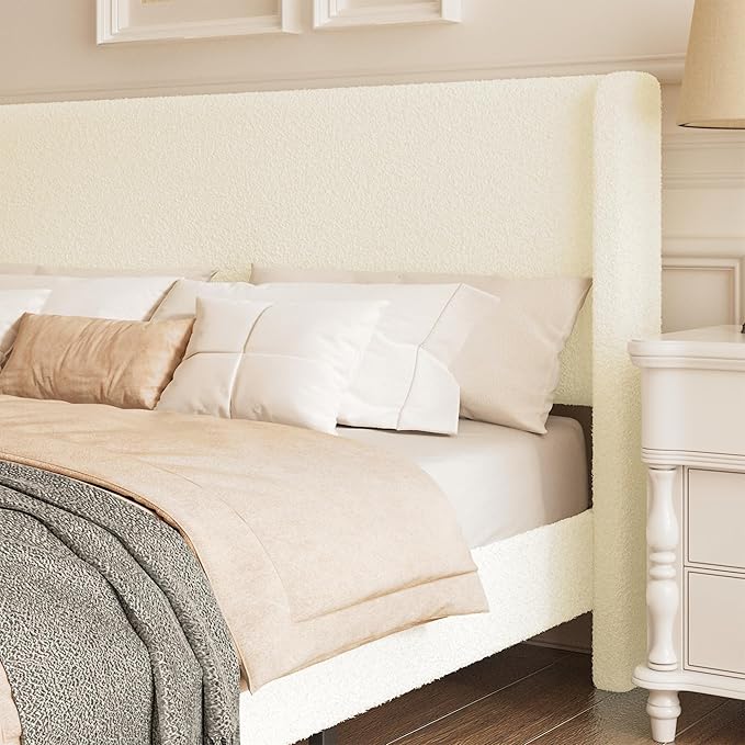 Queen Boucle Upholstered Platform Bed Frame with Adjustable Wingback Headboard, Cloud Bed with Solid Wood Legs, No Box Spring Needed, Easy Assembly, Beige