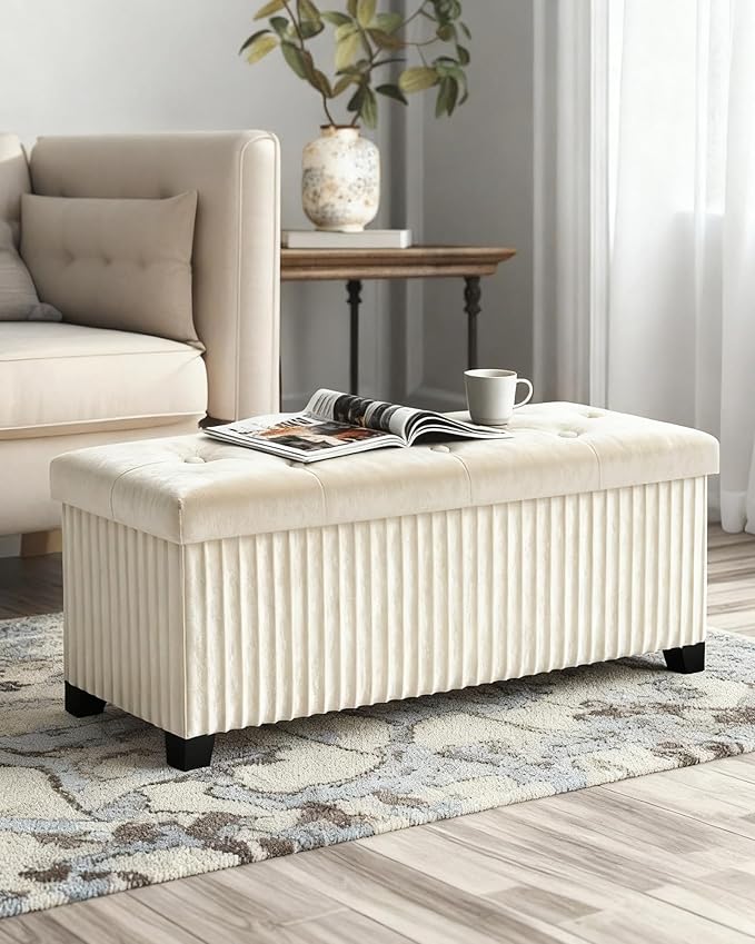 LITZFUR Storage Ottoman Bench, 43 Inch Foldable Ottoman with Legs, Velvet Foot Rest Stool, End of Bed Bench, Storage Chest for Living Room, Bedroom (Beige)