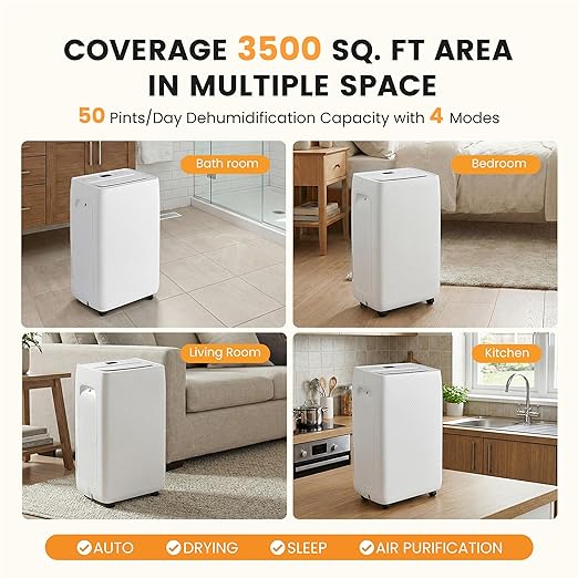 50Pints Dehumidifier with Drain Hose, 3,500 Sq.Ft Dehumidifier for Basement, 4.5L/1.19 Gallon Tank, Energy Star Cert. 41dB, Airflow Swing, Humidity Remover for Home, Bedroom & Bathroom
