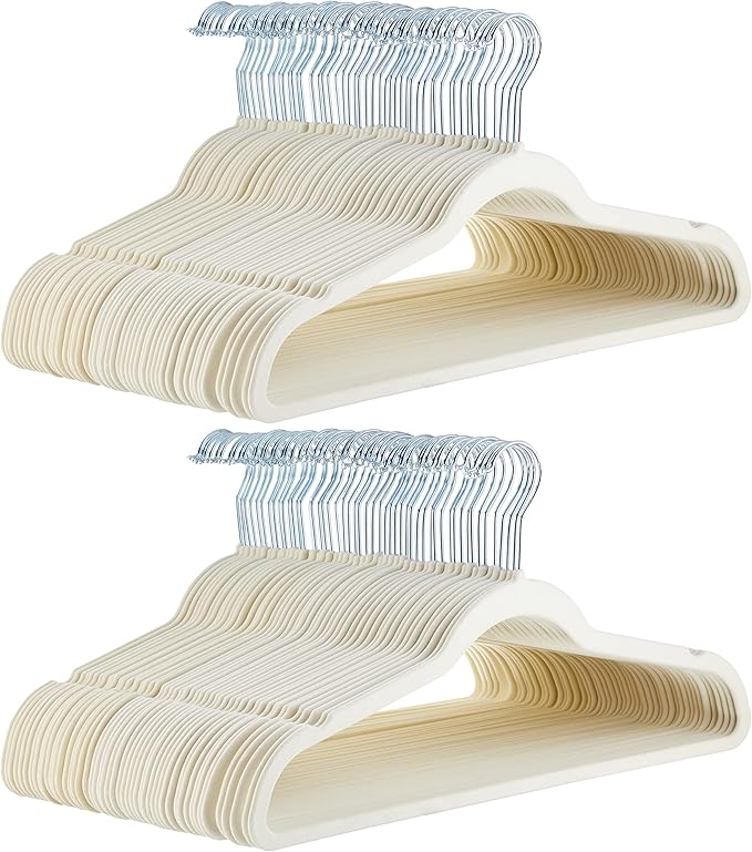Amazon Basics Slim Velvet Non-Slip Space Saving Suit Clothes Hangers for Closet Organization, Ivory/Beige, 100-Pack