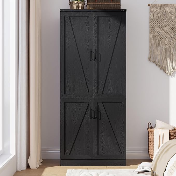 Hlivelood 75" Tall Farmhouse 2 Doors Armoire Wardrobe Closet with LED,Freestanding Closet Wardrobe Cabinet for Bedroom with Hanging Rod,Wooden Armoire Storage Cabinet with Adjustable Shelves(Black)